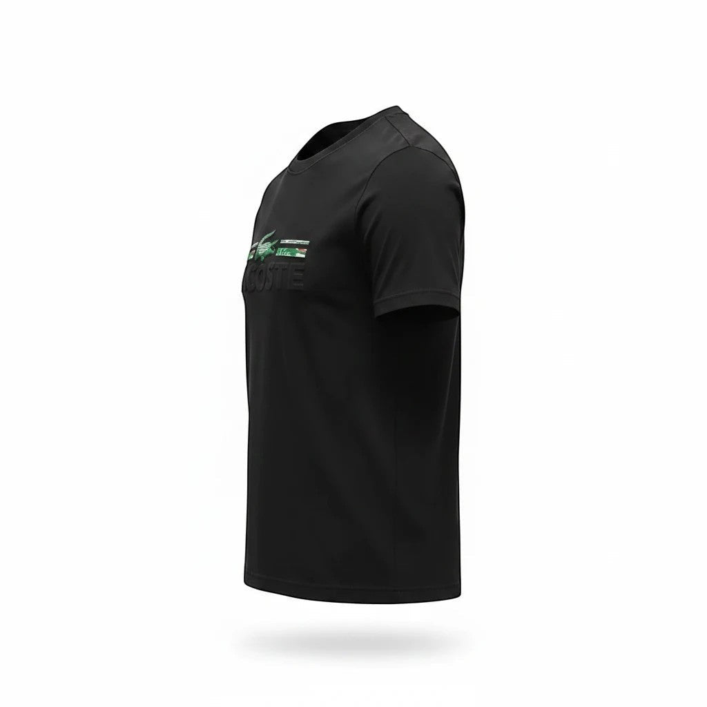 CHORD EMPIRE Lacoste siyah kısa kollu, ön kısmında yeşil logo baskısı bulunan modern kesim erkek tişörtü