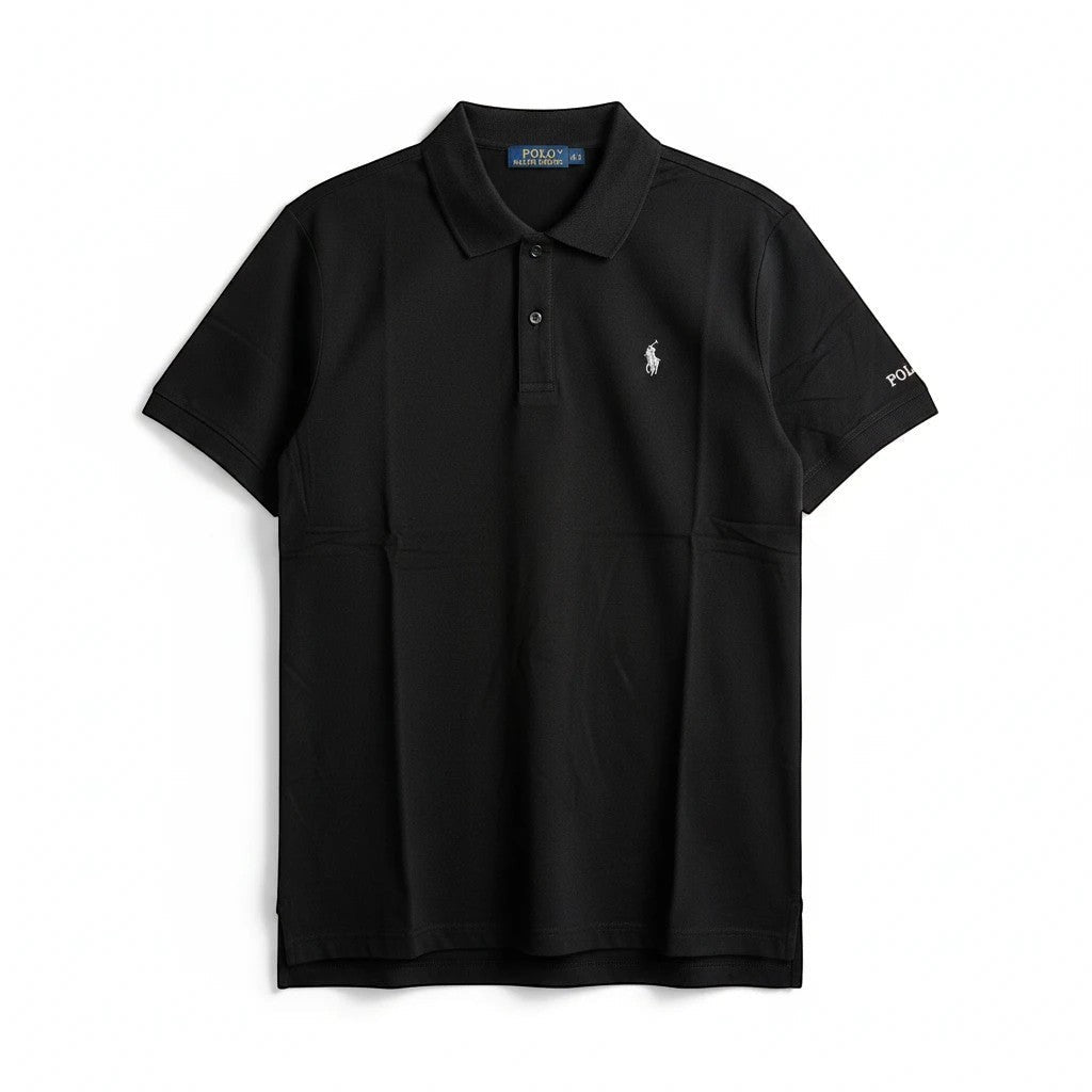 CHORD EMPIRE imzalı, göğüs kısmında beyaz logo nakışlı, siyah kısa kollu klasik Polo Ralph Lauren polo yaka tişört