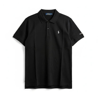 CHORD EMPIRE imzalı, göğüs kısmında beyaz logo nakışlı, siyah kısa kollu klasik Polo Ralph Lauren polo yaka tişört
