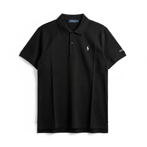 CHORD EMPIRE imzalı, göğüs kısmında beyaz logo nakışlı, siyah kısa kollu klasik Polo Ralph Lauren polo yaka tişört